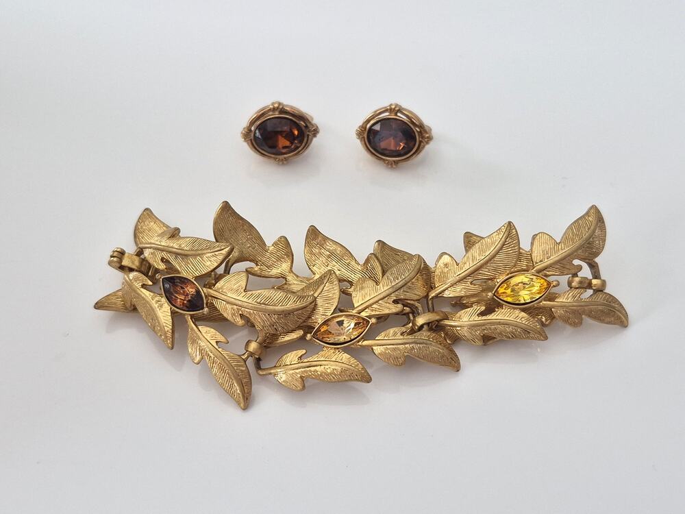Vintage Gold-tone Avon Faux Topaz Earrings and Leaf Bracelet